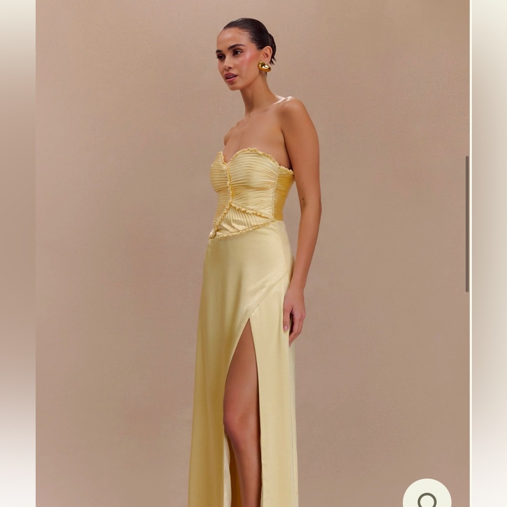 MESHKI Larissa Satin Maxi Dress with Ruched Petals in Lemon